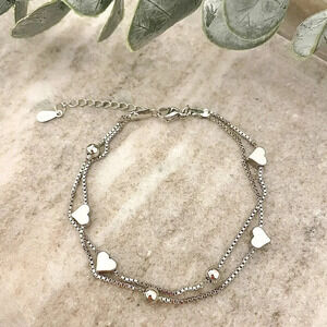 925 Sterling Silver Heart Charm Bracelet Dainty Bead Layer Bracelet